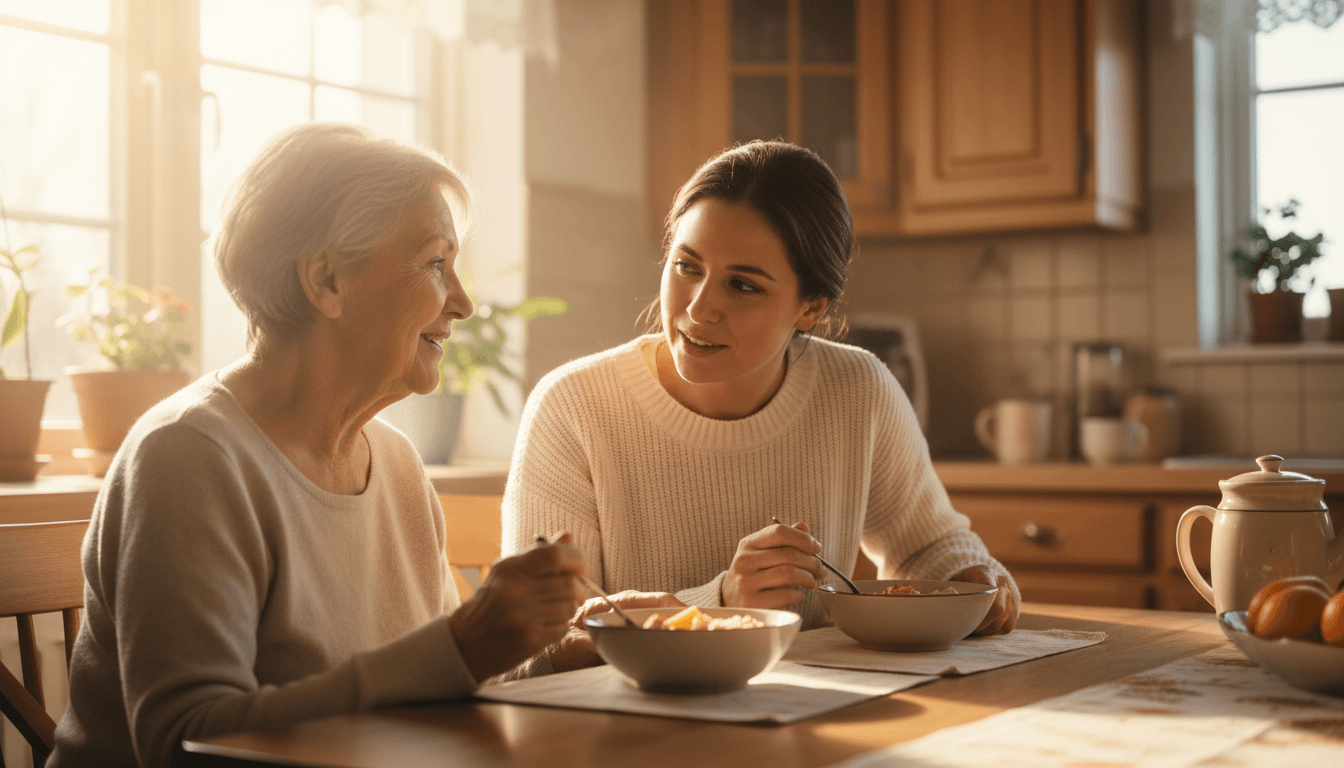 Senior woman and caregiver sharing a meal together at home