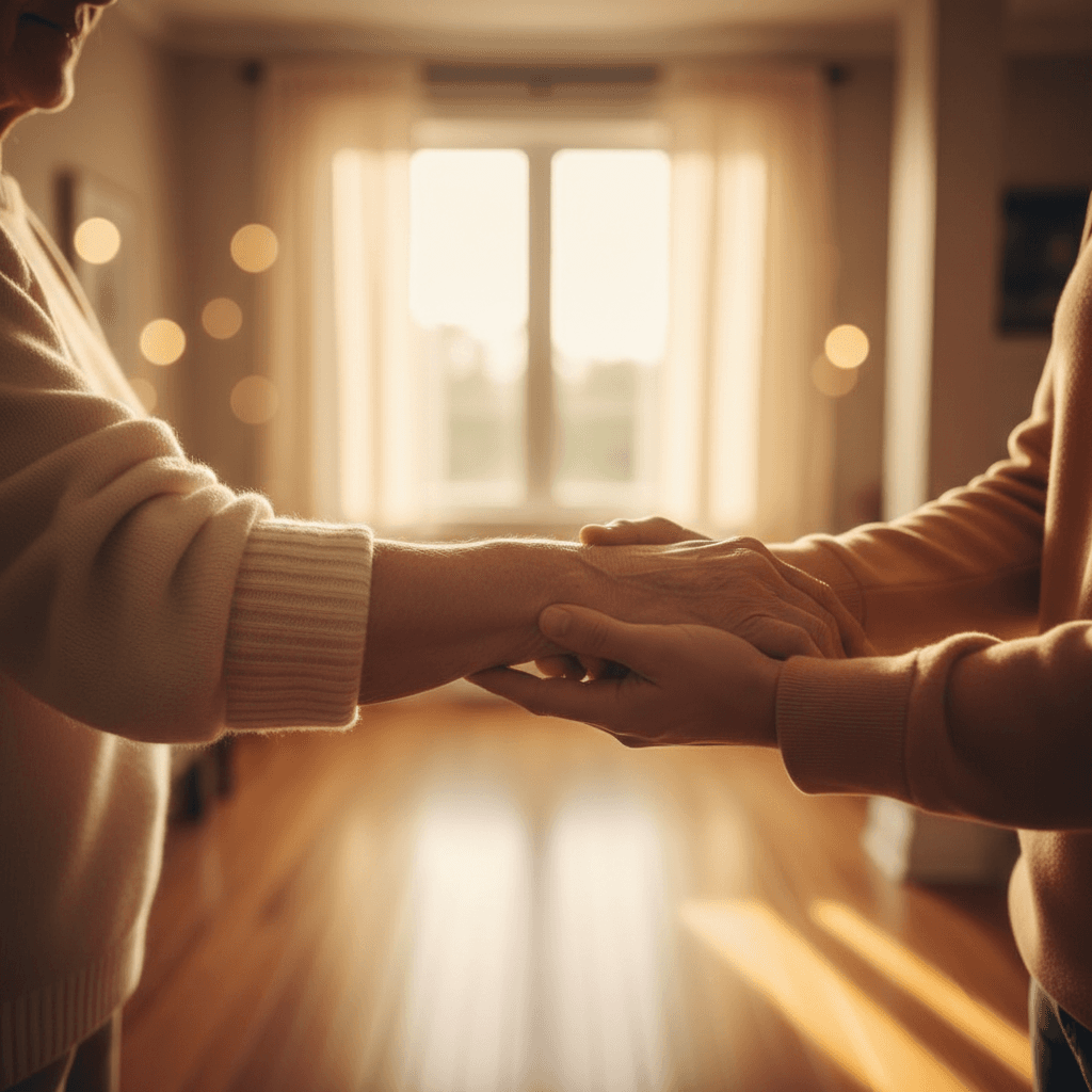 Caregiver providing supportive arm assistance to senior during a walk