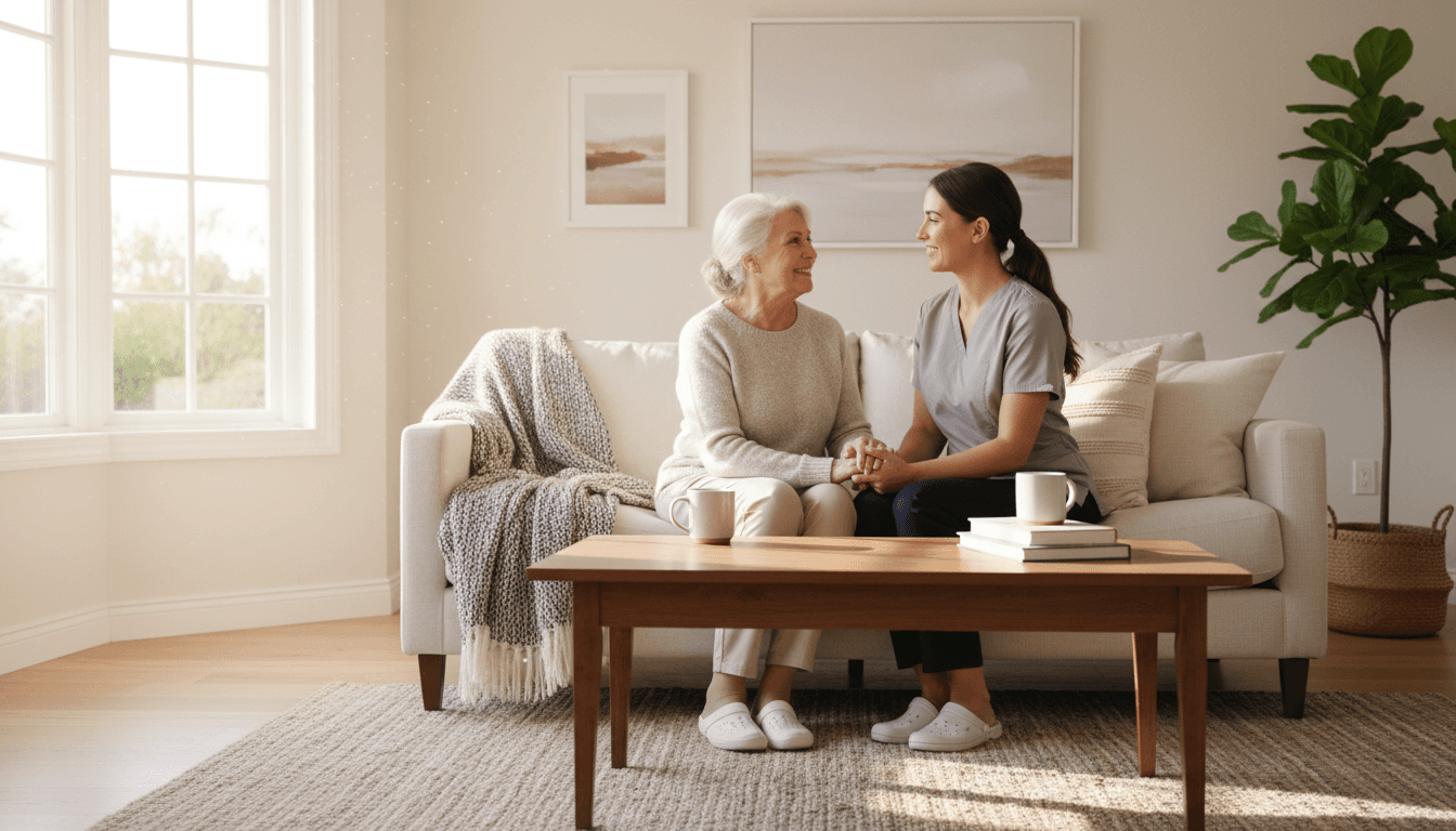 Senior and caregiver conversing in a warm and inviting living room setting.