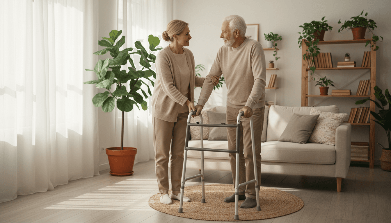 Caregiver providing compassionate support to an older adult in a comfortable home setting