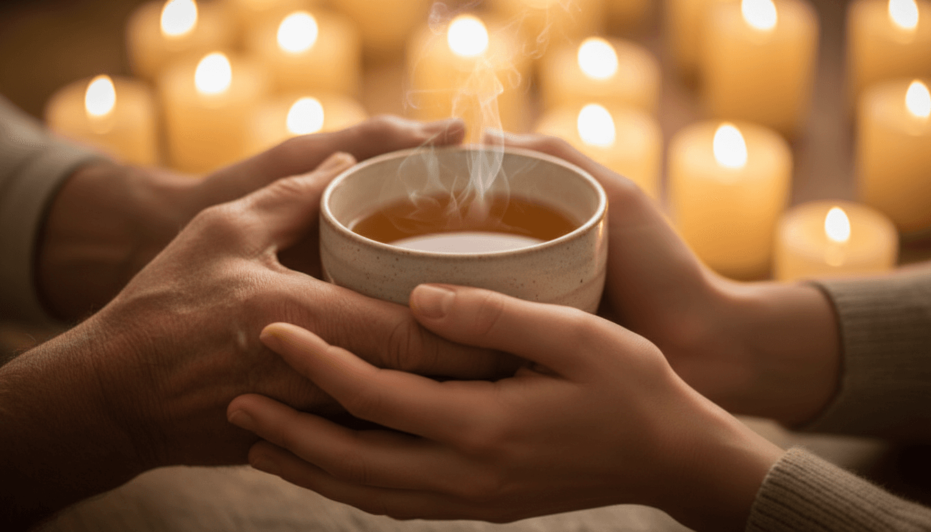 Hands holding a warm cup together, symbolizing care and trust