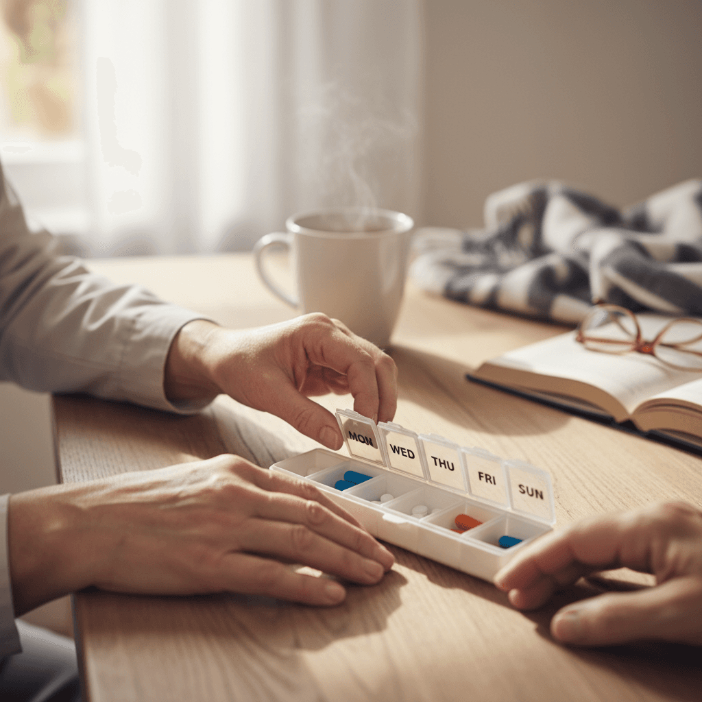 A soft, warm documentary aesthetic close-up shot of a caregiver's hands assisting with medication reminders