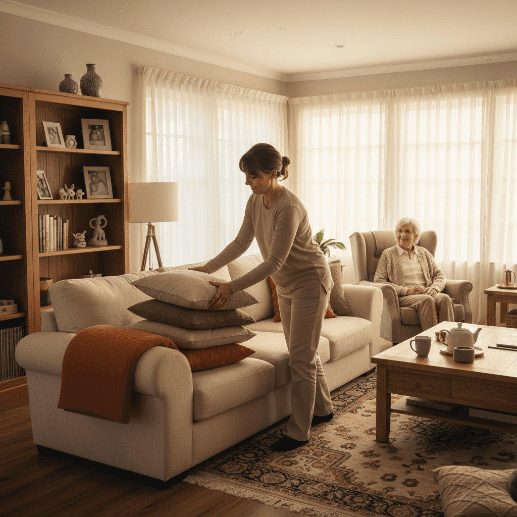 Caregiver and elderly person walking together outdoors in sunny neighborhood with natural lighting