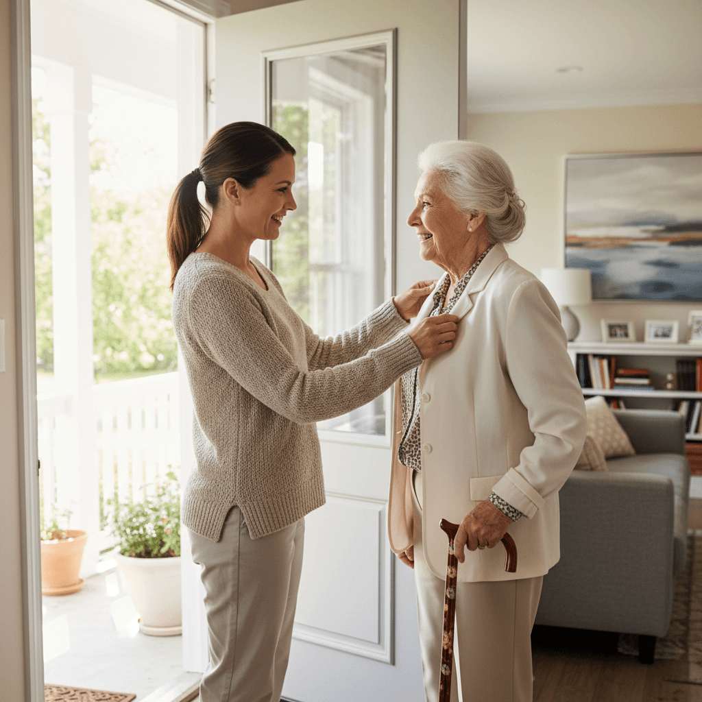 Caregiver assisting client preparing for an appointment visit