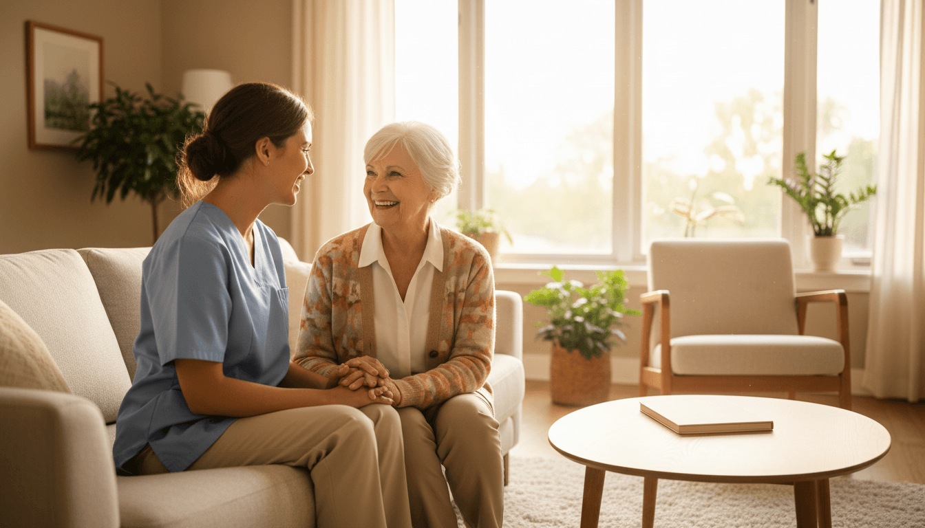 Senior and caregiver enjoying companionship in comfortable living room