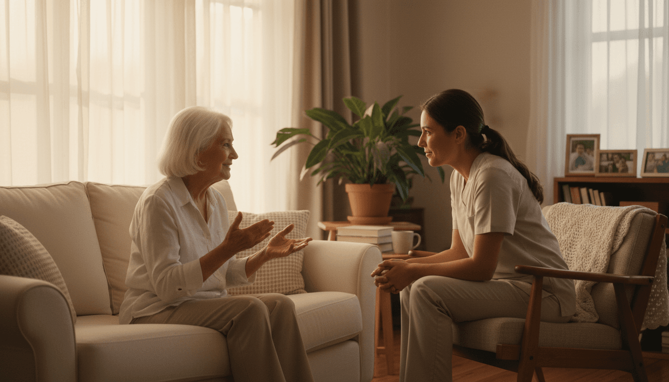 A warm, intimate documentary-style photograph of a caregiver and senior sitting together in a bright, comfortable living room.
