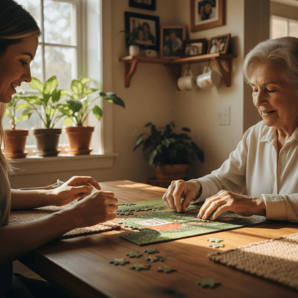 Caregiver and elderly woman working on puzzle together at kitchen table in warm natural light, showing trust and companionship