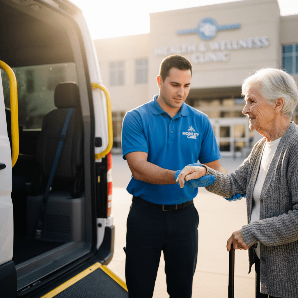 Professional driver assisting elderly passenger into wheelchair-accessible medical transport van with care and dignity